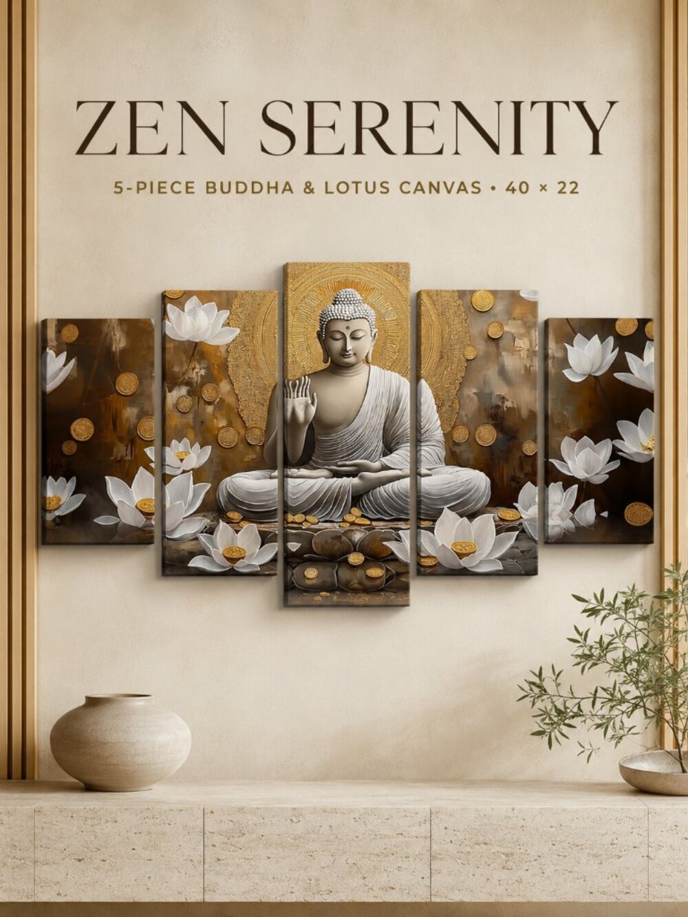 Buddha Gold Lotus Zen Canvas Wall Art Set 5pc 40x22 Framed